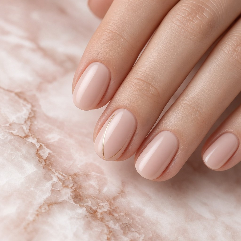 Unhas ovais em nude com filete dourado