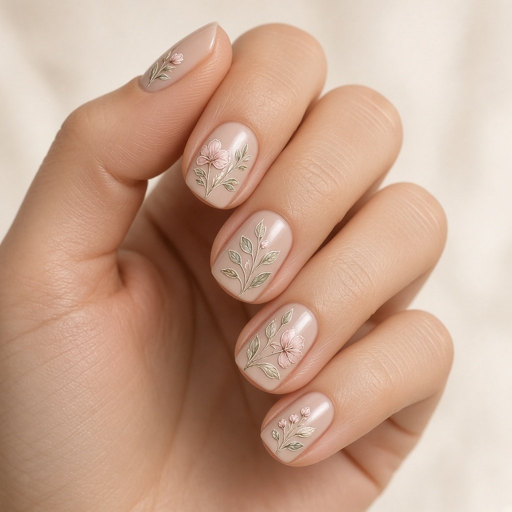 Nail art floral miúda em tons blush